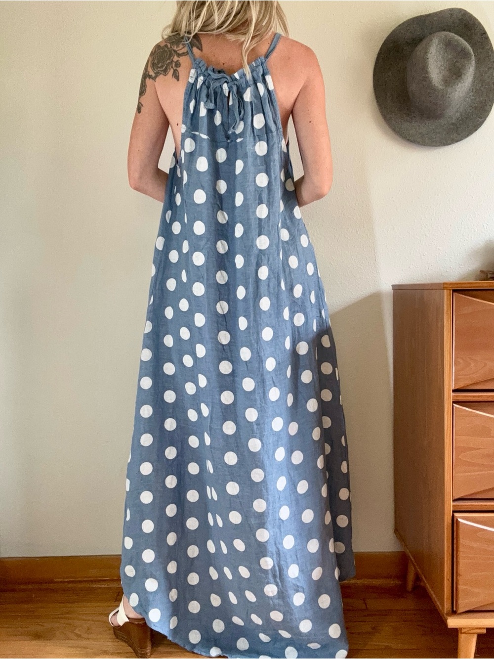 Made In Italy Linen Polka Dot Halter Maxi Dress O/S Blue Hi-Low Coastal Euro - Picture 2 of 10